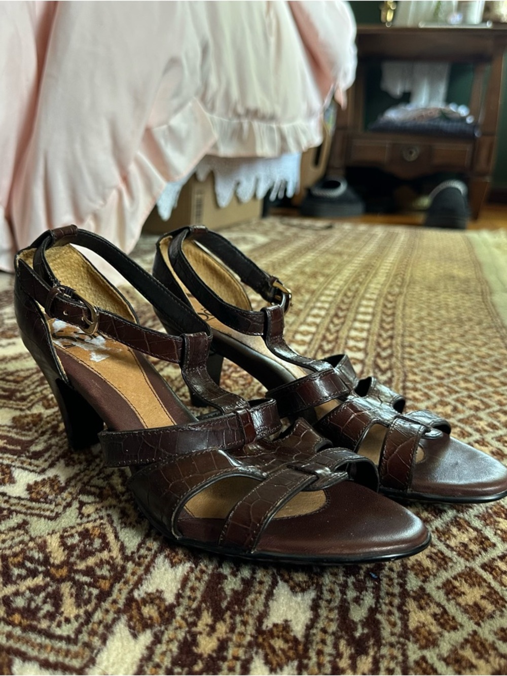 Sofft Dark Brown Croc-Embossed Leather T-Strap Heels